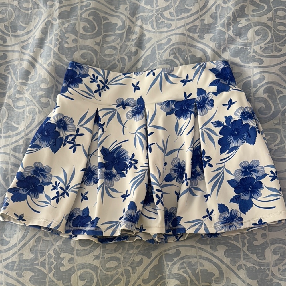 LoveShackFancy Blue and White Pleated Skater Mini Skirt